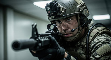 Closeup of a male soldier aiming a weapon, showing focus and determination for military operation and security.の素材