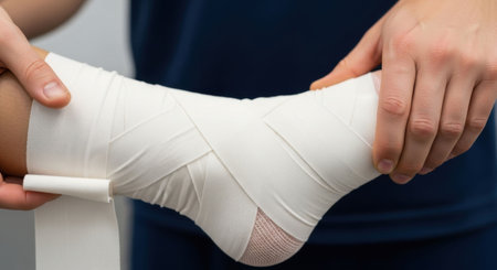 A man wrapping a compression bandage around an injured leg. Medical first aid for sports injury, recovery after accident.の素材