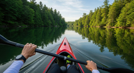 Man kayaking on serene lake surrounded by lush green forest. Healthy active lifestyle concept. Summer outdoor recreation.の素材