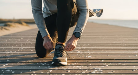 Woman tying shoe laces on a wooden boardwalk. Preparing for a workout or a run outdoors. Healthy lifestyle and fitness.の素材