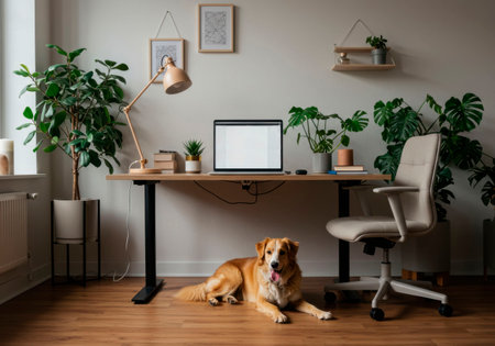 A border collie mixed dog lying on the floor in a home office space with a laptop. Cute golden colored domestic pet relaxing cozy.の素材