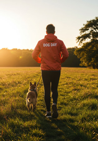 Man walking his dog in a field during golden hour. Dog day concept for animal welfare. Nature walk.の素材
