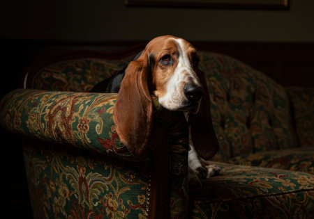 Basset hound dog relaxing on an ornate vintage sofa. Animal portrait indoors. Dog day and cozy home pet concept.の素材