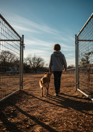 A boy and a dog entering an open gate at sunset, capturing the bond between human and animal on a dog day afternoonの素材