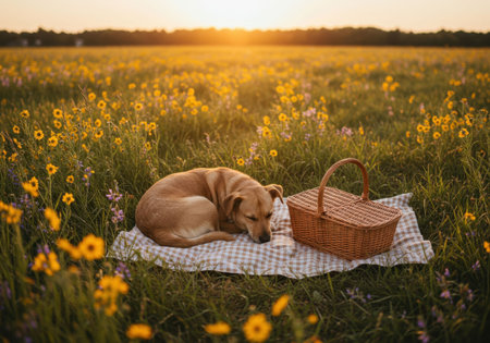 A labrador retriever dog sleeping peacefully on a checkered blanket with a wicker picnic basket in a field of yellow flowers during sunset.の素材