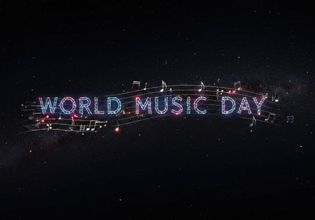 Glowing text world music day with musical notes graphic design illustration in dark starry space background for celebration event concept.の素材