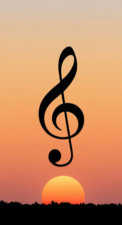 Music symbol on gradient sky during sunset with silhouettes of trees, celebrating world music day and the art of melody, harmony and sound, background for concert poster or flyer.の素材
