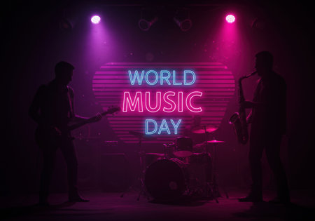 A man on stage playing guitar and a man playing saxophone celebrate World Music Day with neon sign and futuristic retro wave style lightingの素材