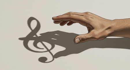 Male hand creating shadow of treble clef on a wall. Music symbol made with play hand. World Music Day concept art for poster print or banner design.の素材