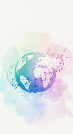 World music day concept with globe and musical notes on watercolor texture. International music day celebration for posters and greeting card design.の素材