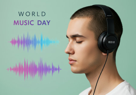 Young man face in profile closes eyes listening to music with headphones. Graphic equalizer waves symbolizes sound. World Music Day holiday or concert concept.の素材