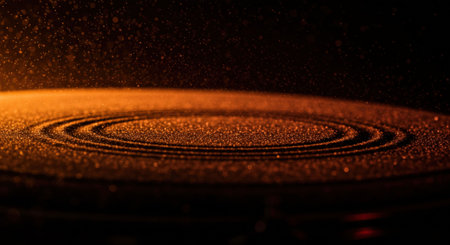 Abstract orange light shimmering on a dark surface with swirling patterns, evoking the feeling of sound waves or a record spinning. For world music day celebration.の素材