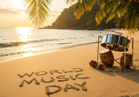 World Music Day inscription written in sand beach at sunset with steelpan and maracas musical instruments, concept of celebration and tropical vacationの素材
