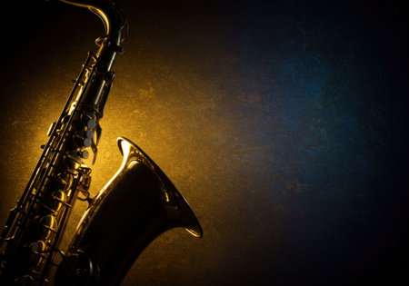 Golden professional saxophone musical wind instrument close-up on a dark textured background with copy space. Concept of concert, music, performance, and celebration for World Music Day.の素材