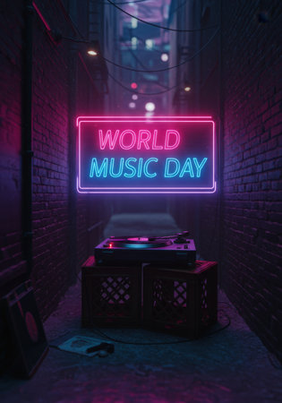 Neon world music day sign illuminates dark urban alley with vintage record player on crates creating vibrant night streetの素材