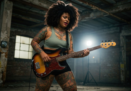 Woman performing bass guitar electric live music rock punk band concert on stage in dark room with smoke and light for advertising flyer World Music Day celebration.の素材