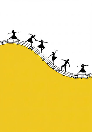 Silhouettes of people dancing across a musical staff with notes on a white and yellow background for world music day.の素材