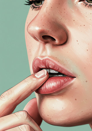 Close up illustration of a woman with her finger to her lip. Concept of expression and emotion. For advertising, marketing, and social media design. World Music Day poster element.の素材