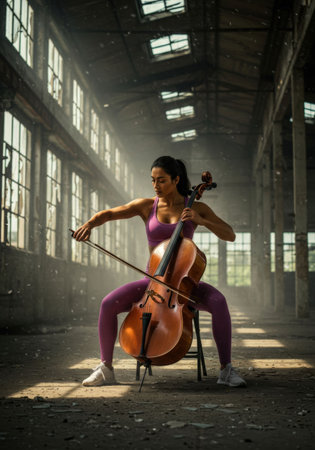 Caucasian woman musician cellist playing cello in dusty room illuminated by light streaks.の素材