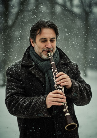 Man plays a clarinet in a snowy winter landscape,の素材