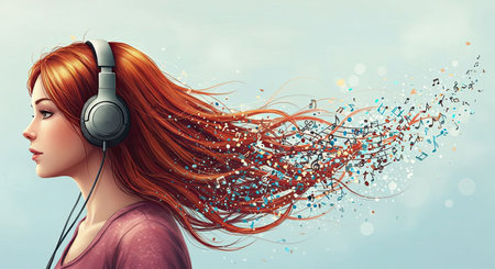 Illustration of a woman with headphones listening to music, with musical notes flowing from her hair, representing the concept of enjoying sound on world music day.の素材
