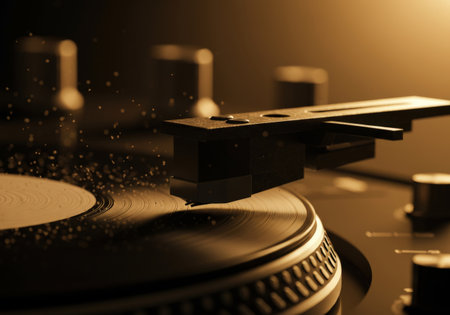Close up of vintage vinyl record player with needle playing music. Retro turntable for World Music Day or audio industry celebration.の素材