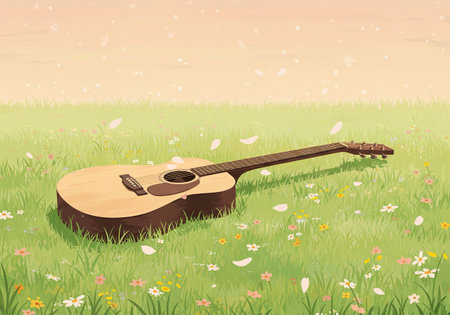 Acoustic guitar lying in green grass field with spring flower petals. Symbolizing freedom of music and harmony with nature. World Music Day concept.の素材