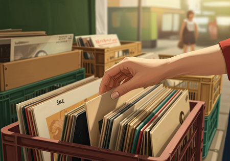 Hand of woman browses through vintage vinyl records in crate at outdoor market, showing concept of finding musicの素材