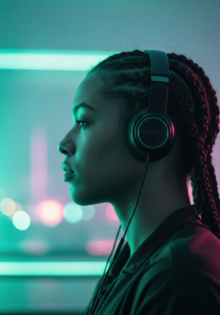 Woman wearing headphones enjoying music in a stylish setting with abstract bokeh. World Music Day or general listening concept.の素材