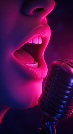 Close-up of a woman singing into a retro microphone with blue and magenta light, a dynamic music performance conceptの素材