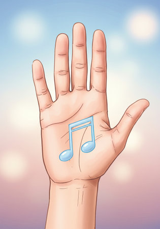 Hand holding a musical note. Concept of creative expression, melody, and sound. Illustration for World Music Day and musical events.の素材