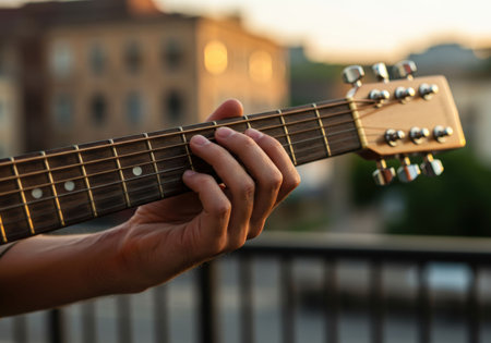 A man's hand playing an acoustic guitar fretboard close up outdoors. Musical chord on wood texture instrument for Worldの素材