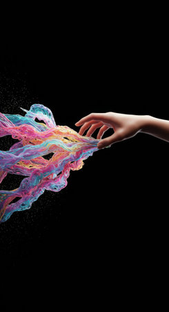 A man's hand with a golden wave pattern glowing on the palm. Concept of music pulsing through the body, a deep connectionの素材