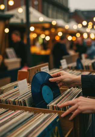 Hand of woman browses through vintage vinyl records in crate at outdoor market, showing concept of finding musicの素材