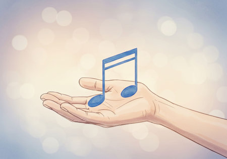 Hand holding a musical note. Concept of creative expression, melody, and sound. Illustration for World Music Day and musical events.の素材