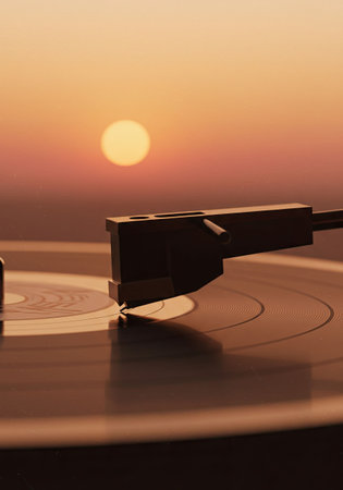 A record player with a vinyl record playing a song is shown up close, representing the celebration of World Music Day and the love for analog sound technology in minimal style.の素材