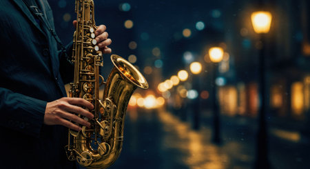 A solo man street musician plays a saxophone on an evening street. The concept of world music day and live performance.の素材