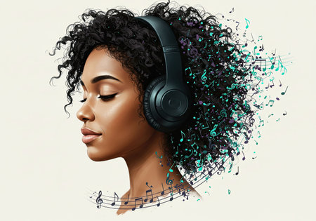 Illustration of a woman with headphones and musical notes flying from her hair. Concept of enjoying music and sound. World Music Day poster or banner asset.の素材