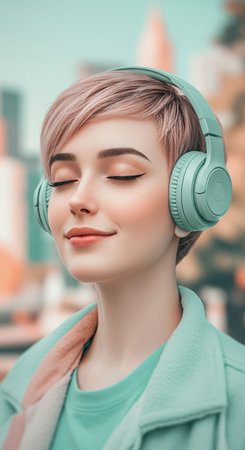 Happy young woman listening to music on headphones.の素材