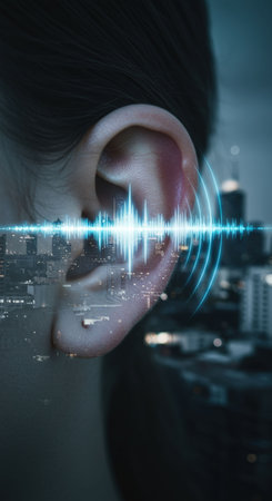 Woman's ear with equalizer wave, symbolizing auditory perception. Sound waves entering the human ear, illustrating the power of sound perception design concept for World Music Day.の素材
