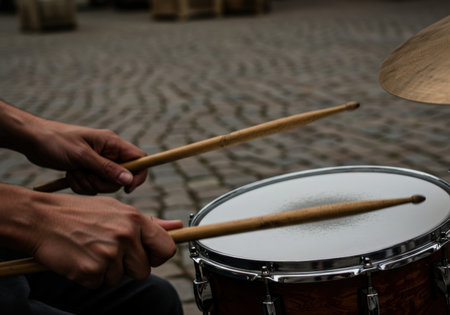 Man's hands playing drums on the street, performing a live gig for the celebration of World Music Day.の素材