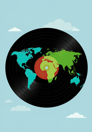 World map on a vinyl record showing continents in colors, floating in a sky with clouds, symbolizing the global reach and unity of music for World Music Day.の素材