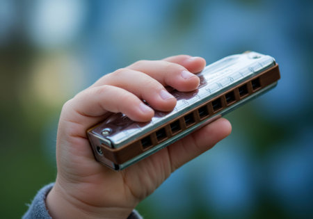 A person holds a glaming harmonica in their hand, close up view. The musical instrument is ready to be played to make a beautiful melody World Music Day.の素材