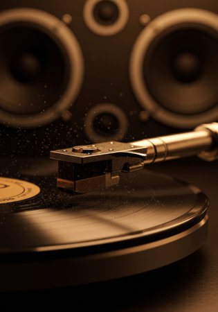 Close up of vintage vinyl record player with needle playing music. Retro turntableの素材