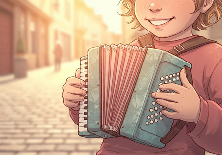 Smiling young boy playing an accordion on a sunny street, embodying joy and music in a charming setting.の素材