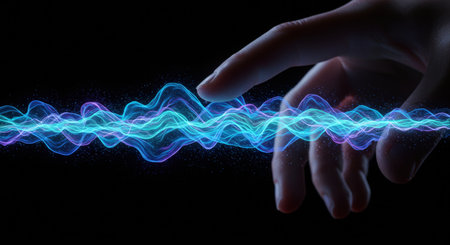 A man's hand with a golden wave pattern glowing on the palm. Concept of music pulsing through the body, a deep connection toの素材