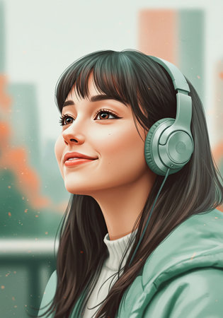 Happy young woman listening to music on headphones.の素材