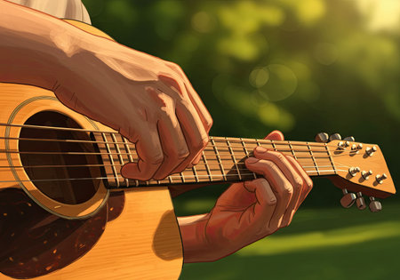 Close up man hand playing acoustic guitar outside at a sunny outdoor event. Concept for World Music Day poster or banner.の素材