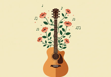 Acoustic guitar with green vines growing around it. Music and nature concept for world music day.の素材