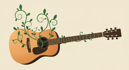 Acoustic guitar with green vines growing around it. Music and nature concept for world music day.の素材